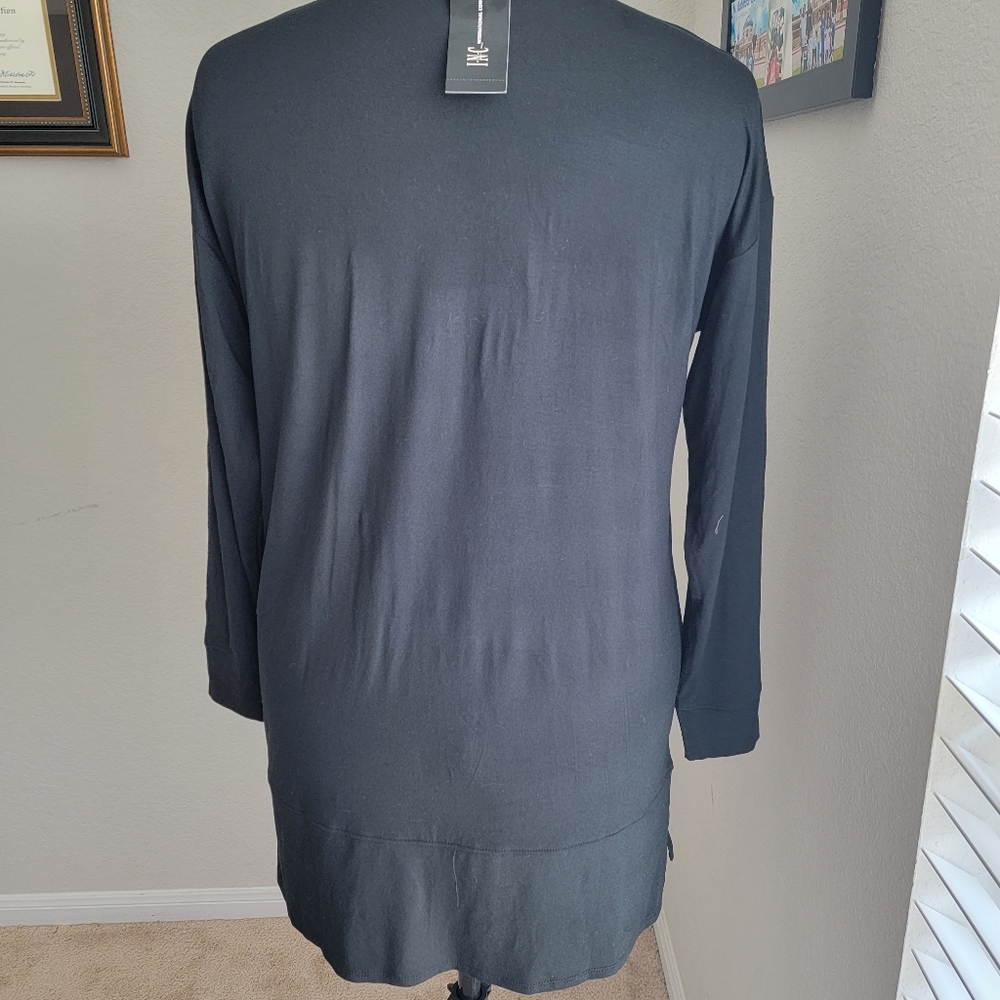 International Concept INC Round Neck Top Long Sleeve Split Side  Deep Black S